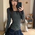 复古条纹修身长袖上衣