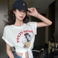 复古小狗印花绑带短款上衣