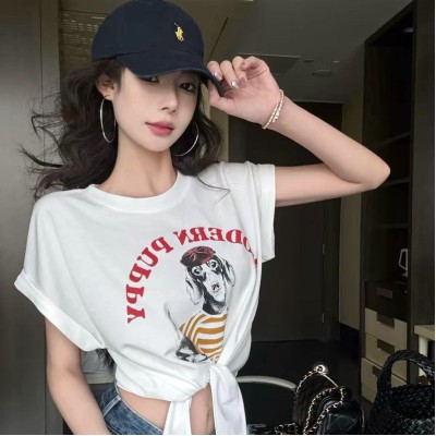 复古小狗印花绑带短款上衣