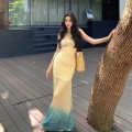 氛围感渐变晕染吊带长裙