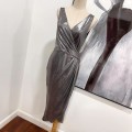 高级银灰亮面无袖礼服长裙
