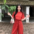 复古红立领短袖连体裤