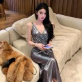 高级银灰亮面无袖礼服长裙