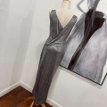 高级银灰亮面无袖礼服长裙