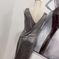 高级银灰亮面无袖礼服长裙