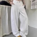 白色分割阔腿牛仔长裤
