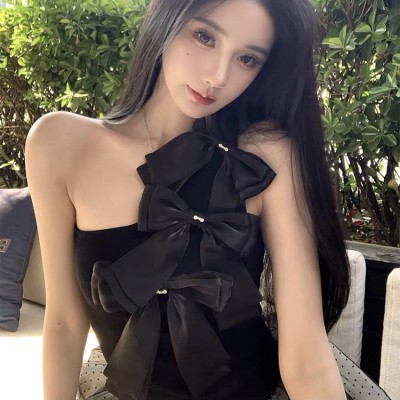 甜酷纯欲风蝴蝶结斜肩上衣