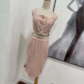小香风方领无袖上衣+高腰中长半身裙套装