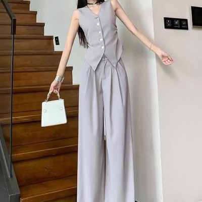 High-quality suit vest + high-waist wide-leg trousers