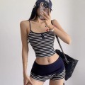 藏青条纹吊带上衣+假两件条纹短裤套装