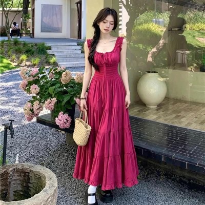 树莓红度假风吊带长裙
