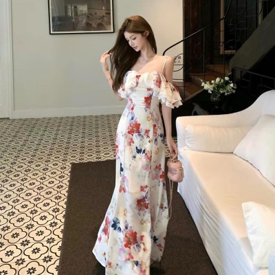 油画碎花吊带长裙