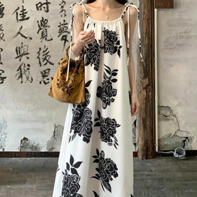 新中式宽松花花长裙