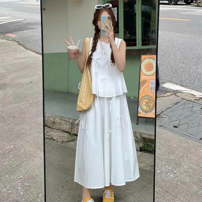 立体蝴蝶结宽松衬衫+高腰蓬蓬半身裙套装