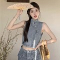 国风盘扣牛仔上衣+工装牛仔半身裙套装