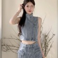国风盘扣牛仔上衣+工装牛仔半身裙套装