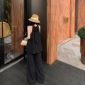 挂脖无袖绑带上衣+高腰宽松阔腿裤套装