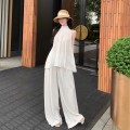 挂脖无袖绑带上衣+高腰宽松阔腿裤套装